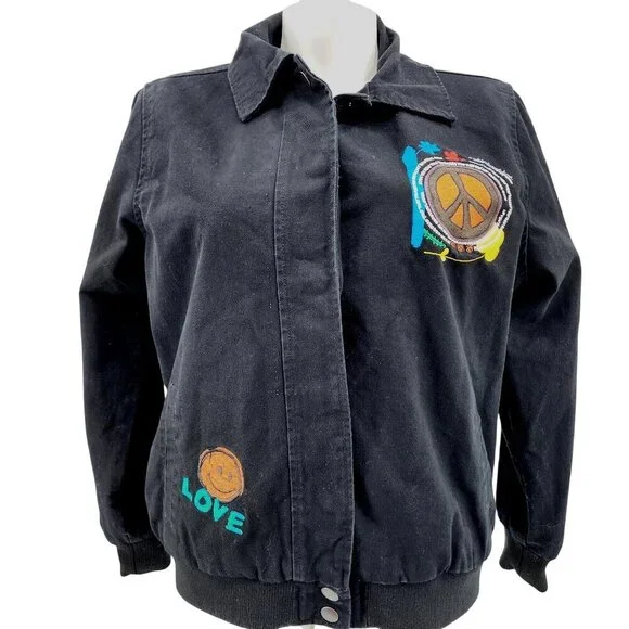 Forever 21+ Black Jacket With Embroidered Peace Sign "Black Is Power" Text Desig - Picture 12 of 12